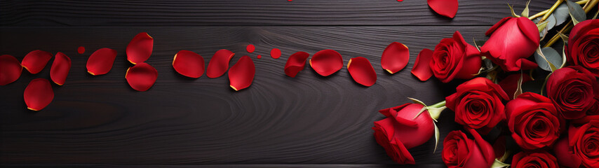 beautiful red roses on dark brown wooden planks, Valentine's Day banner