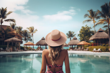 Woman enjoying vacation holidays at luxurious beachfront hotel resort with swimming pool and tropical lansdcape near the beach - obrazy, fototapety, plakaty