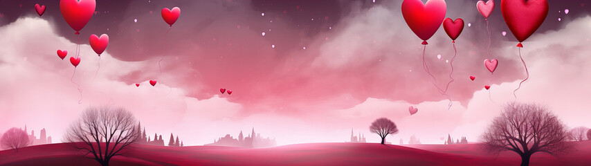 pink landscape with heart balloons banner, Valentine's Day