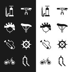 Set Bicycle seat, helmet, air pump, handlebar, sprocket crank, fork and icon. Vector