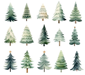 Obraz premium Set of watercolor Christmas trees isolated on white background.