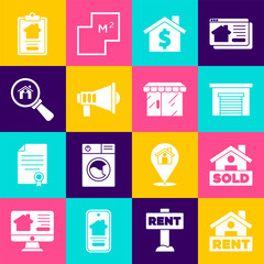Set Hanging sign with Rent, text Sold, Garage, House dollar symbol, Megaphone, Search house, contract and Market store icon. Vector