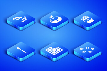 Set Coffee beans, Candy, Chocolate bar, Spoon, Apple in caramel and cup to go icon. Vector