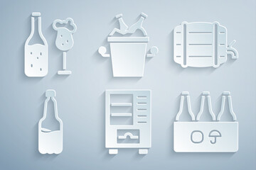 Set Vending machine, Wooden barrel on rack, Plastic beer bottle, Pack of bottles, Beer ice bucket and and glass icon. Vector