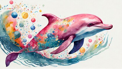 watercolor style pink dolphin swimming.