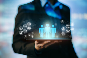 Businessman show network structure of HR - Human resources. Business leadership concept. Management and recruitment or employment headhunting.