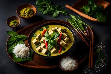 A vibrant photograph of a bowl of spicy Thai green curry with fragrant herbs and a side of jasmine rice