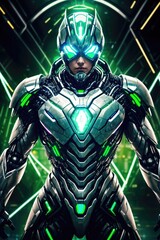 Woman in a green futuristic mech armor