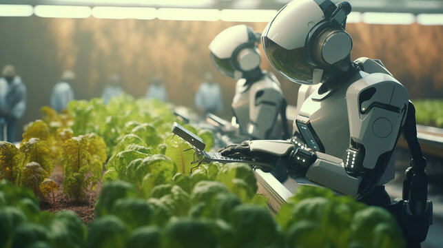 Smart robotic futuristic farmers working on field Agriculture technology, Farm automation.