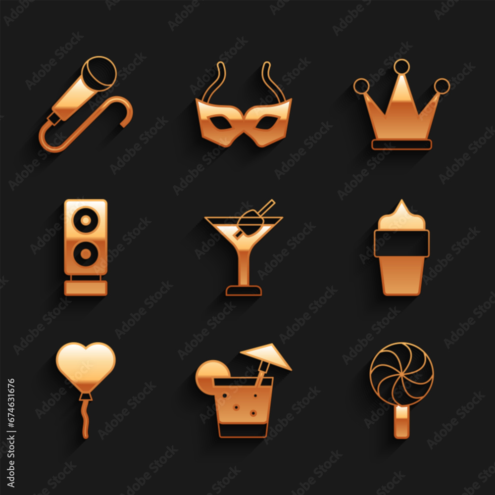 Sticker Set Martini glass, Cocktail, Lollipop, Ice cream waffle cone, Balloons form of heart, Stereo speaker, Crown and Microphone icon. Vector