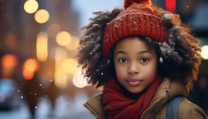 Little black african girl standing on the street wearing a hat, the concept of Christmas and New Year