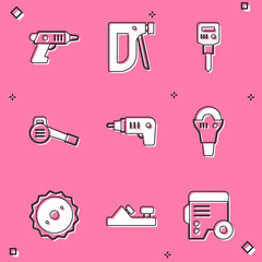 Set Electric cordless screwdriver, Construction stapler, jackhammer, Leaf garden blower, Angle grinder, Circular saw blade and Wood plane tool icon. Vector