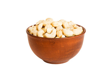 Roasted cashew nut in bowl isolated on white background. Cashew nut is snack or raw of cook. Healthy food concept