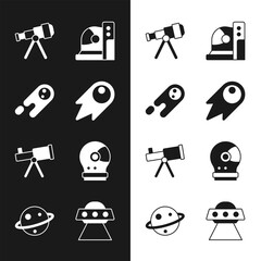 Set Comet falling down fast, Telescope, Astronaut helmet, UFO flying spaceship and Planet Saturn icon. Vector