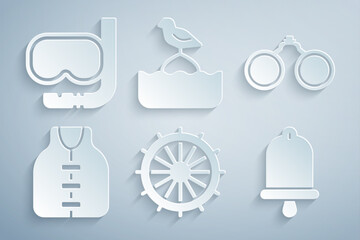 Set Ship steering wheel, Binoculars, Life jacket, bell, Seagull sits on buoy and Diving mask and snorkel icon. Vector