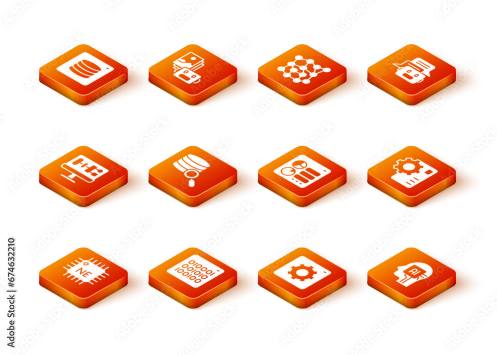Poster Set Processor CPU, Binary code, Algorithm, Server, Computer api interface, Humanoid robot and Neural network icon. Vector