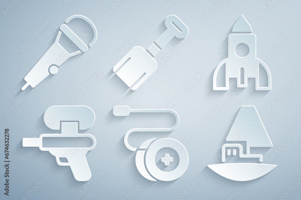 Sticker Set Yoyo toy, Rocket ship, Water gun, Toy boat, Shovel and Microphone icon. Vector