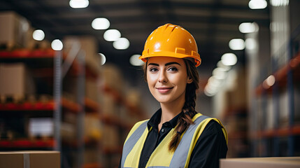 Fototapeta na wymiar Young woman as apprentice in training in logistics profession with safety helmet