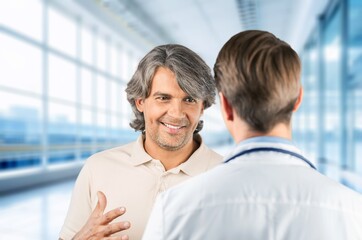 Obraz premium Healthcare concept, man and happy doctor talking, AI generated image