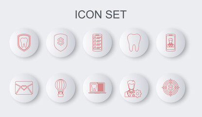 Set line Target with dollar, Envelope Valentine heart, Smartphone contacts, Profile settings, Dental protection, Shield and, Hot air balloon and Laptop dental card icon. Vector