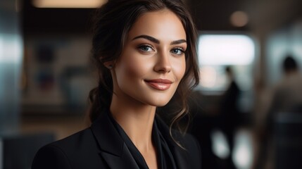 Fototapeta premium Photo of a beautiful smiling airport employee at the passenger check-in counter in a business suit