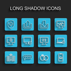 Set line Medical hospital building, Like and heart, shield with cross, Wedding rings, Smartphone upload, Computer monitor gear, Laptop and Monitor envelope icon. Vector