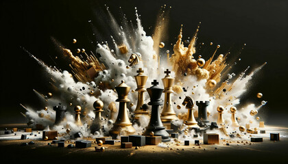 White and golden epic chess battle - obrazy, fototapety, plakaty