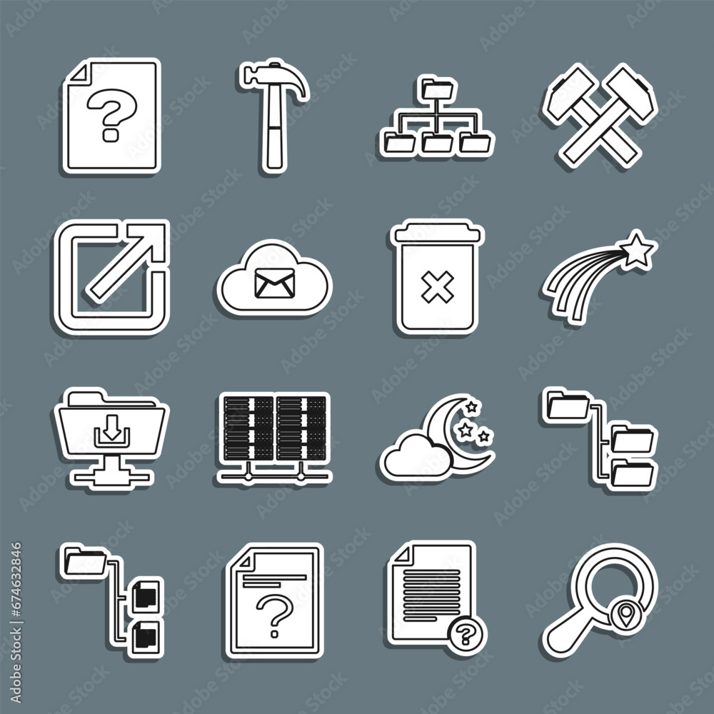 Aufkleber set line search location, folder tree, falling star, cloud mail server, open new window, unknown doc