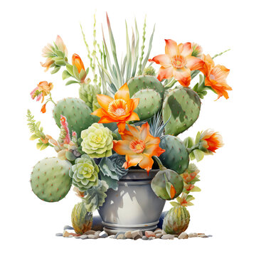 a watercolor picture of flowering cactuses