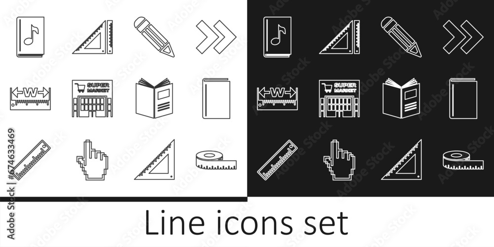 Canvas Prints set line tape measure, book, pencil, supermarket building, measuring height and length, audio book, 