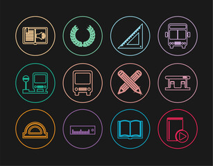 Set line Audio book, Gas filling station, Triangular ruler, Bus, stop, Crossed pencil and Laurel wreath icon. Vector