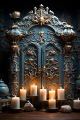 Luxury interior with candles on the background of an old door