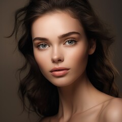 Naklejka premium Fashion portrait closeup of a beautiful woman with natural makeup and wavy hair