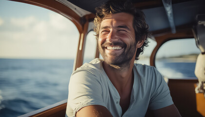 A man with a beard captain of a ship on a yacht at the helm on the high seas