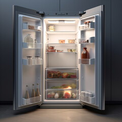 Modern refrigerator near light grey wall. Realistic modern kitchen home appliance, isolated fridge machine, freezer. gray colored metal devices front view. Generative ai