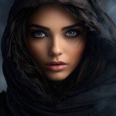 Close-up fashion portrait of a beautiful woman with smokey eyes and light smoke