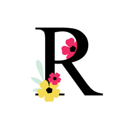 Floral alphabet, letter R with flowers and leaf. For invitations, greeting card, logo, poster and other design.