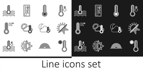 Set line Meteorology thermometer, Sun and snowflake, Thermometer cloud, sun, Water, moon and icon. Vector