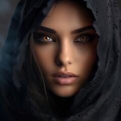 Close-up fashion portrait of a beautiful woman with smokey eyes and light smoke