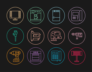 Set line Electric heater, Rotary hammer drill machine, Refrigerator, construction stapler, Construction jackhammer, Smart Tv, jigsaw and Coffee and cup icon. Vector
