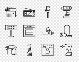 Set line Rotary hammer drill machine, Electric cordless screwdriver, Construction jackhammer, Blender, Air compressor, Oven, Coffee and cup and Vacuum cleaner icon. Vector