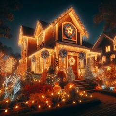 House decorated with garland lights for the holidays. Merry christmas and happy new year concept created with generative ai