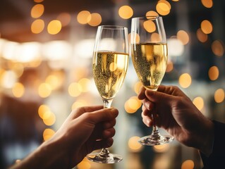 People holding glasses of champagne making a toast with blurred background