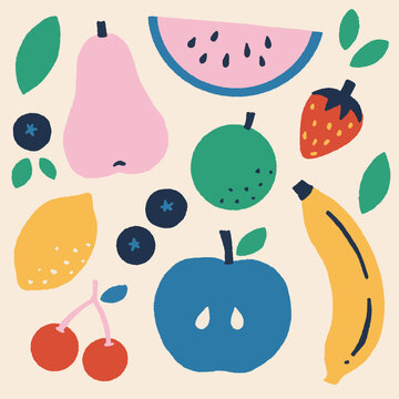 Vector illustration of fresh fruit pattern. Juicy organic fruits background for fabric, paper, decor, decoration, print. Watermelon, strawberry, lemon, apple, banana, cherry, blueberry, pear isolated.