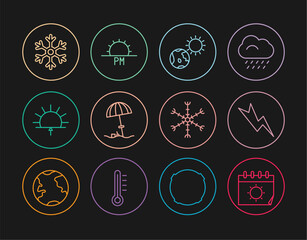 Set line Calendar and sun, Lightning bolt, Earth globe, Sun protective umbrella for beach, Sunrise, Snowflake, and Sunset icon. Vector