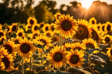 Obraz premium A vibrant bouquet of sunflowers illuminated by the golden rays of the setting sun