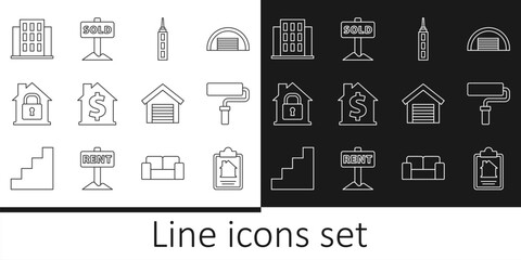 Set line House contract, Paint roller brush, Skyscraper, with dollar symbol, under protection, Garage and Hanging sign text Sold icon. Vector