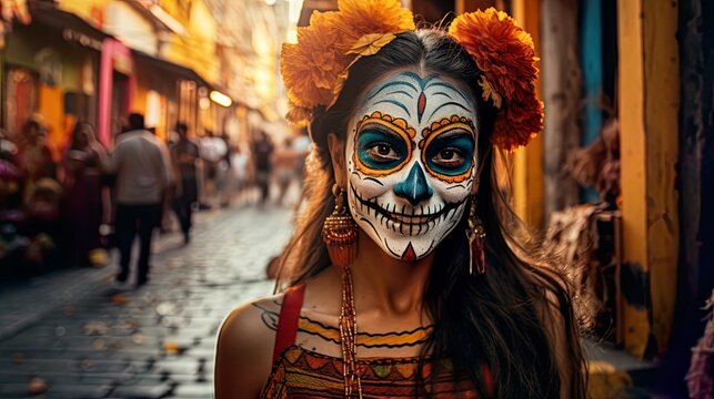 Dia de los muertos. Day of The Dead. Halloween. mexican girl with skull painted on her face on the day of the dead in mexico in the street