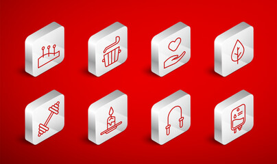 Set line IV bag, Sauna bucket and ladle, Heart in hand, Leaf, Jump rope, Acupuncture therapy, Aroma candle and Dumbbell icon. Vector