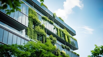 Eco-friendly building modern city sustainable glass building Ecology concept Office building with green environment